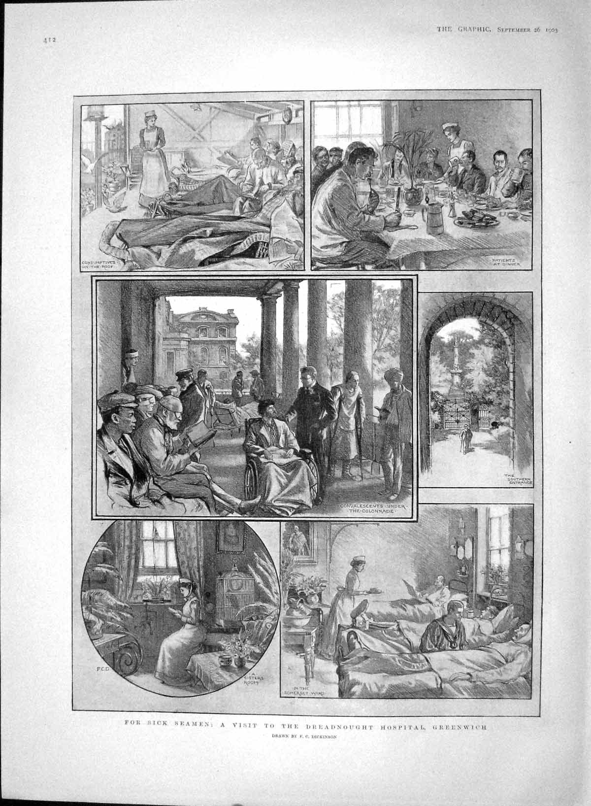 Original Old Antique Print 1903 Dreadnought Hospital Greenwich Sick Seamen 20th