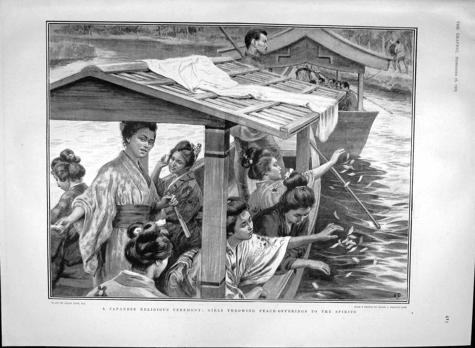 Original Old Antique Print 1903 Japanese Religious Ceremony River Margate Motor