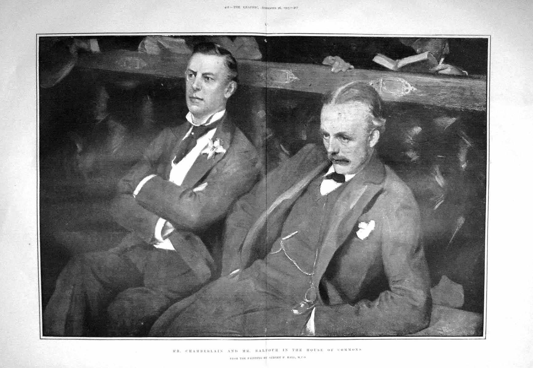 Original Old Antique Print 1903 Portrait Chamberlain Balfour House Commons