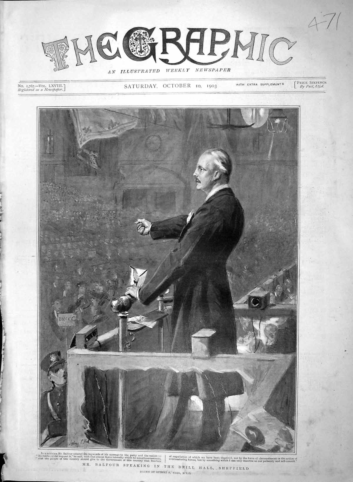 Old Antique Print 1903 Mr Balfour Speaking Drill Hall Sheffield England 20th