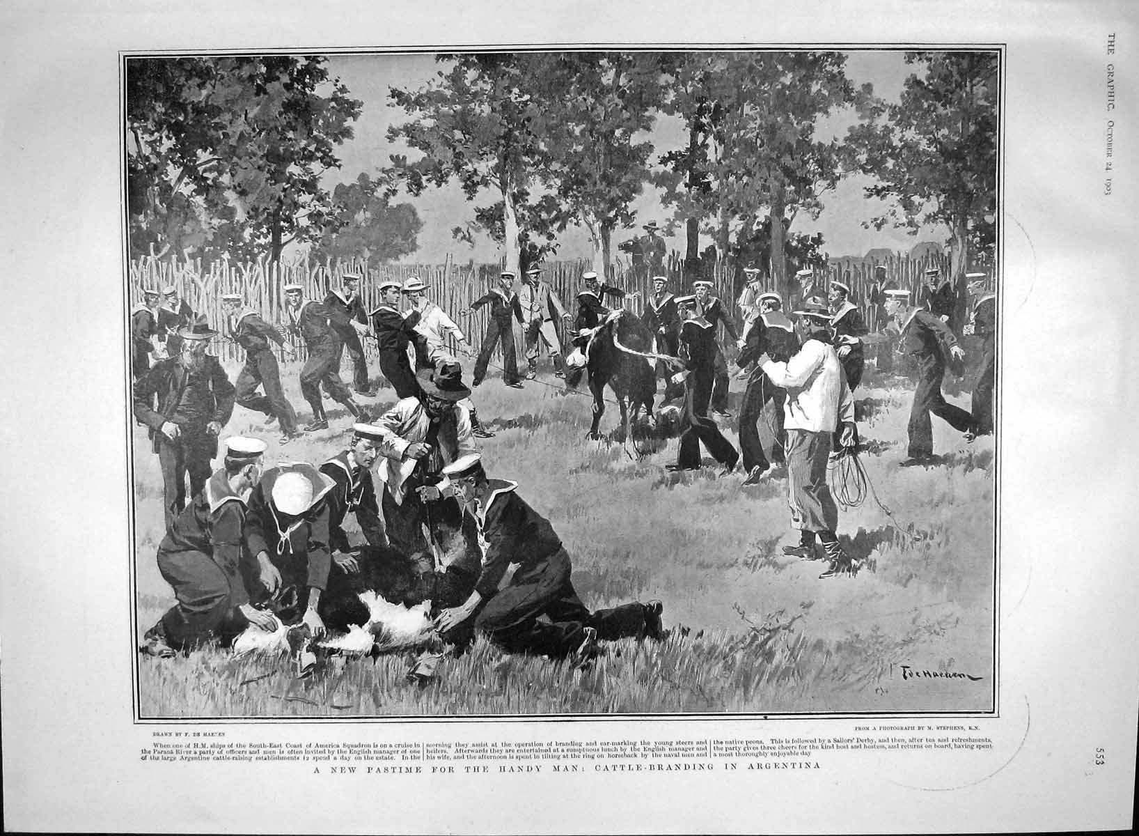 Old Antique Print 1903 Cattle Branding Argentina King Italy Paris Dundas 20th