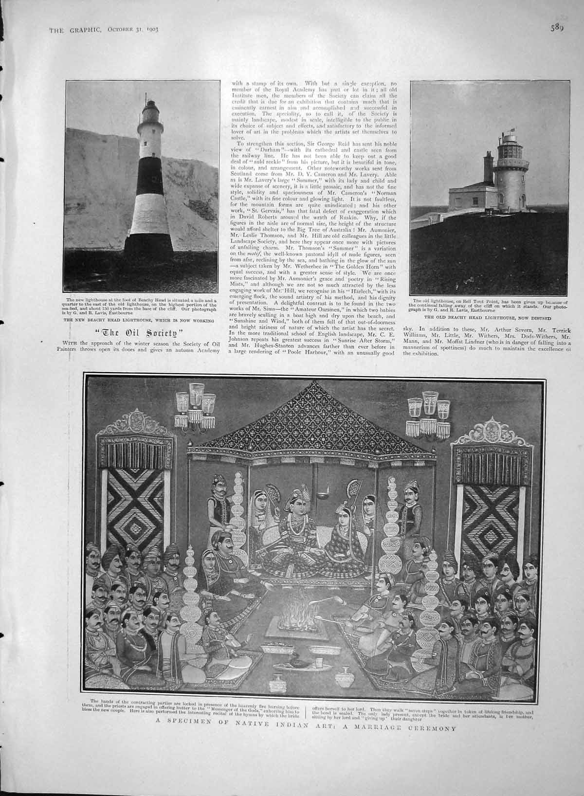 Original Old Antique Print 1903 Indian Art Marriage Beachy Lighthouse Theatre