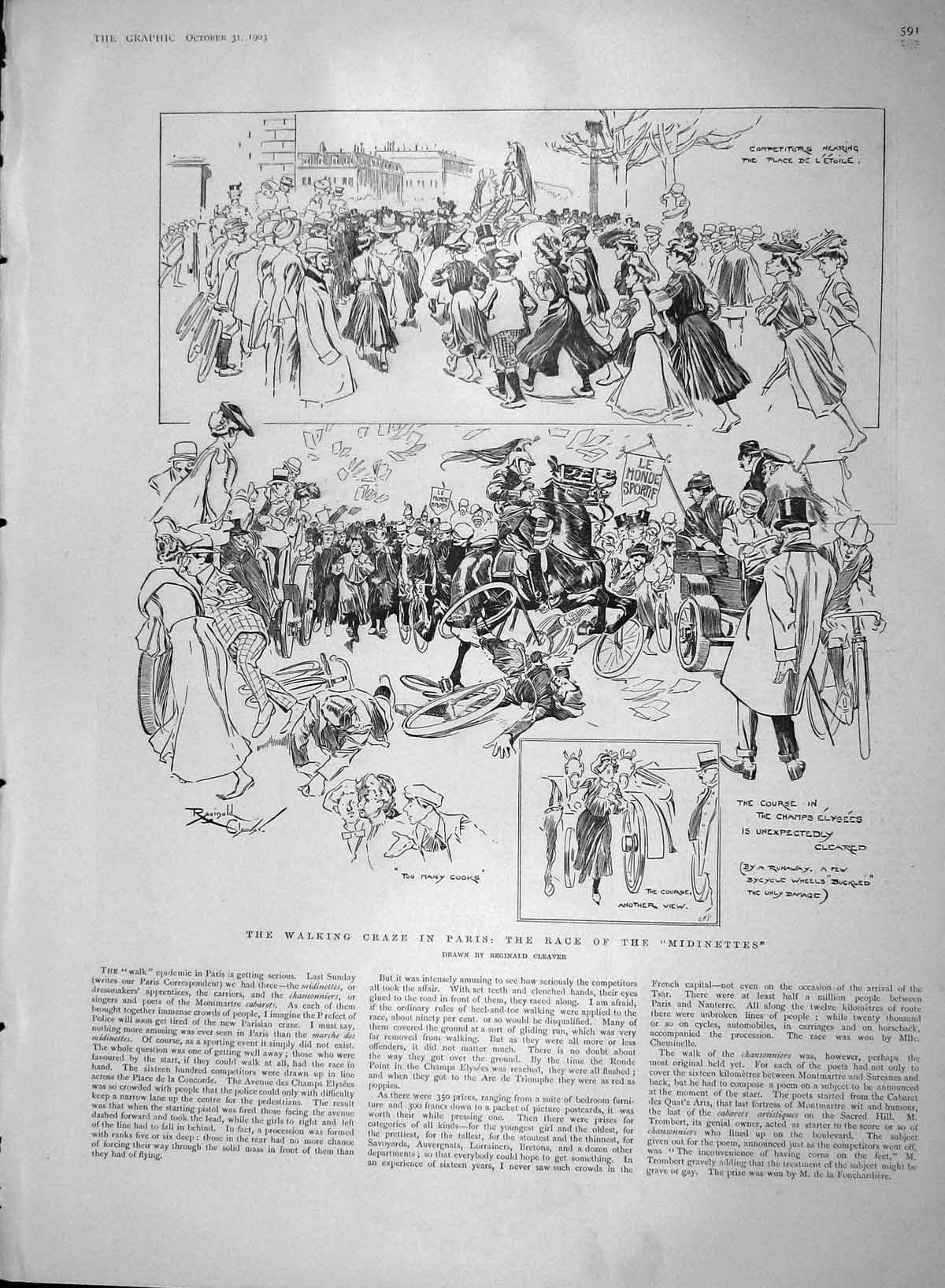 Original Old Antique Print 1903 Walking Craze Paris Champs Elysees France Sport