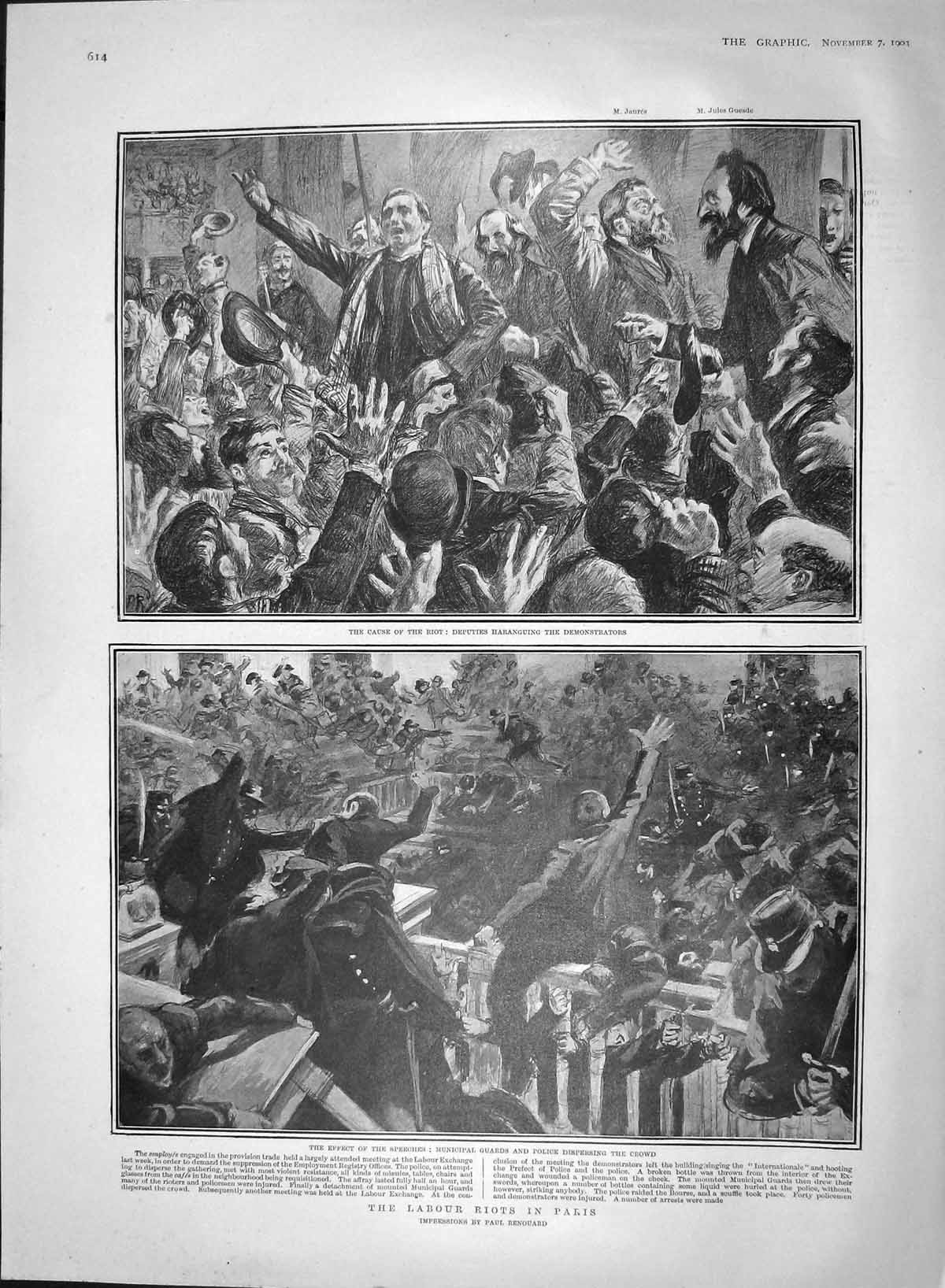 Original Old Antique Print 1903 Labour Riots Paris France Guards Police Guesde