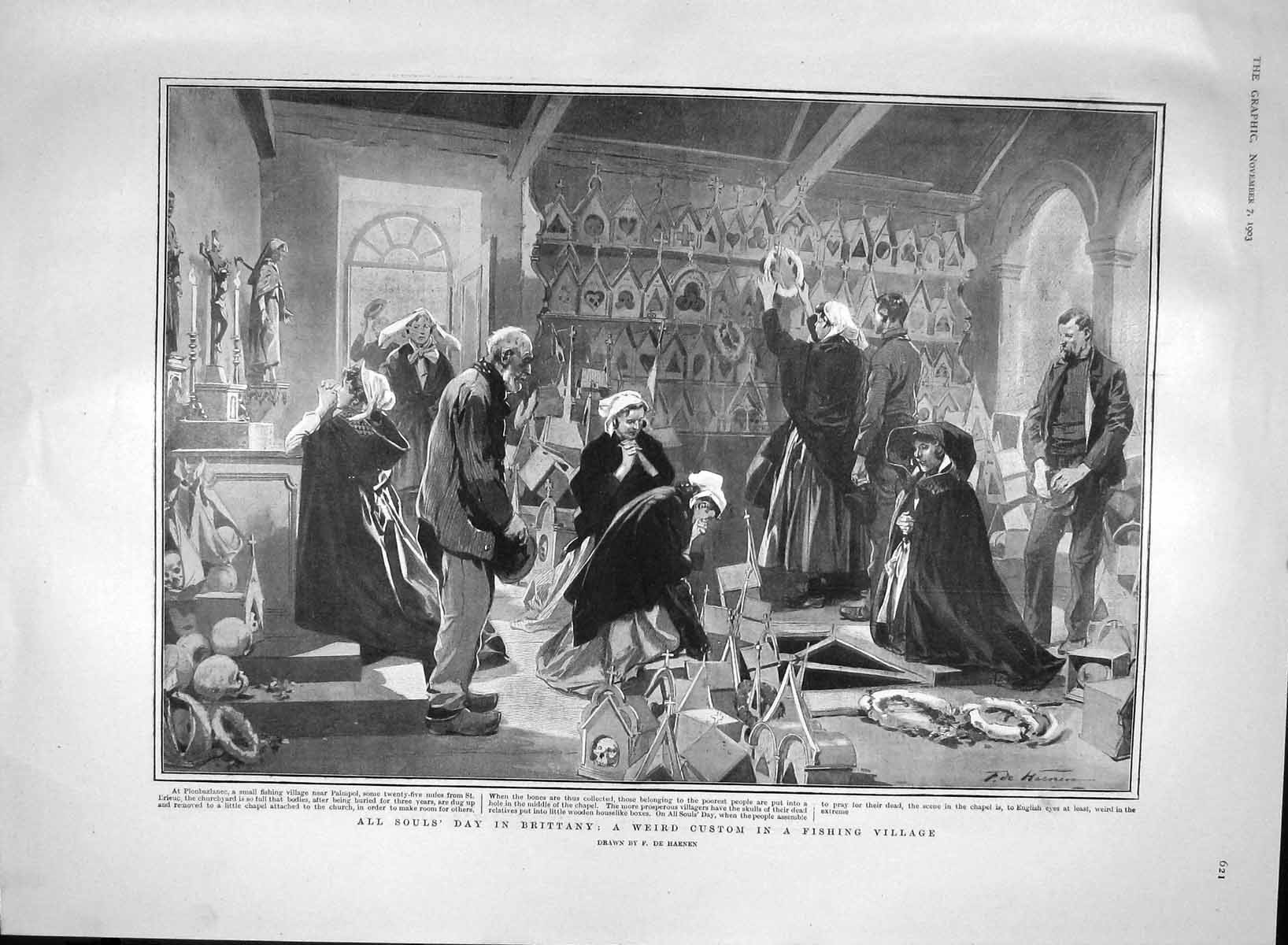 Original Old Antique Print 1903 All Souls Day Brittany Fishing Village Custom