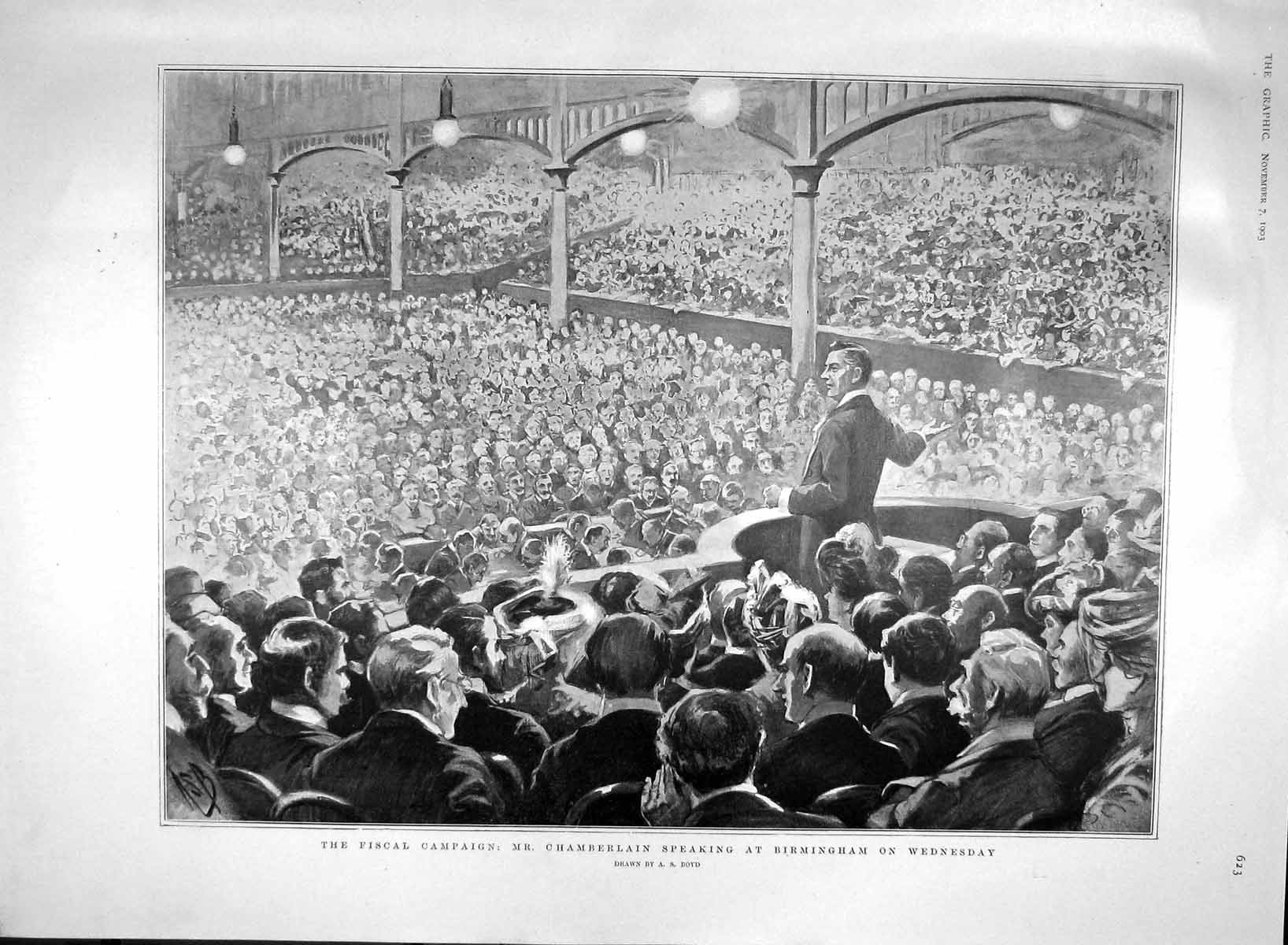 Original Old Antique Print 1903 Fiscal Campaign Chamberlain Birmingham Fishing