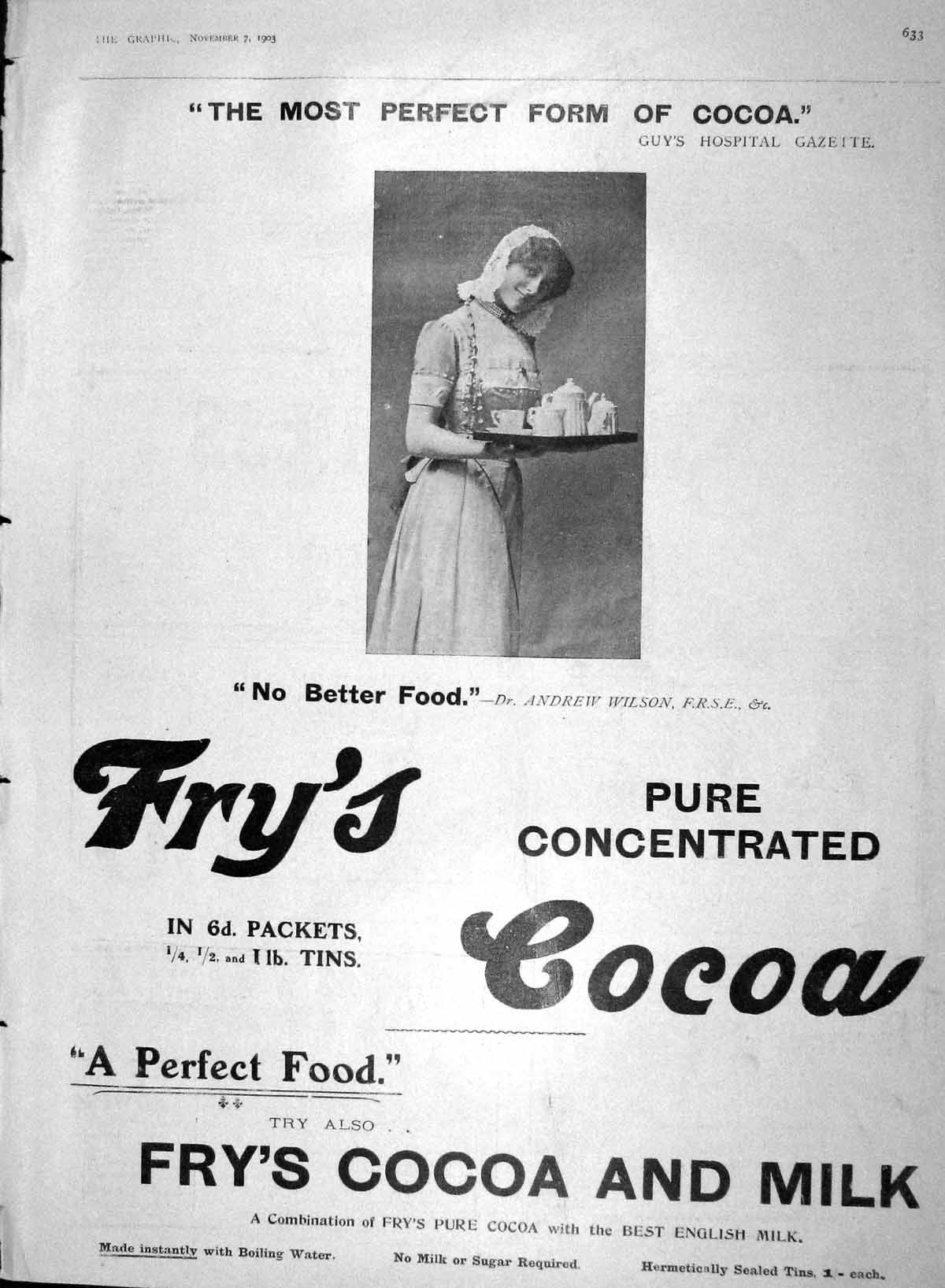 Old Antique Print 1903 Advertisement Fry'S Pure Concentrated Cocoa Milk 20th