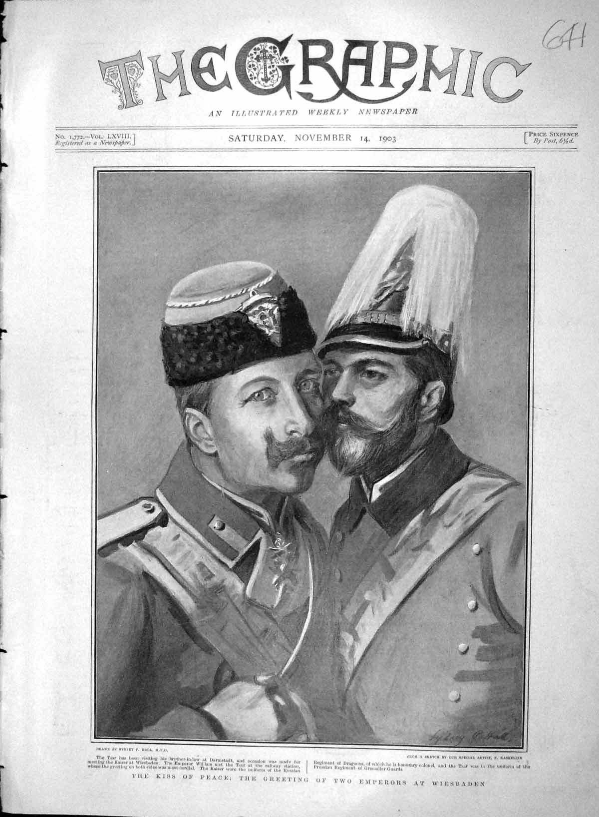 Old Antique Print 1903 Emperor Wiesbaden Tsar Darmstadt Kaiser Kiss Peace 20th