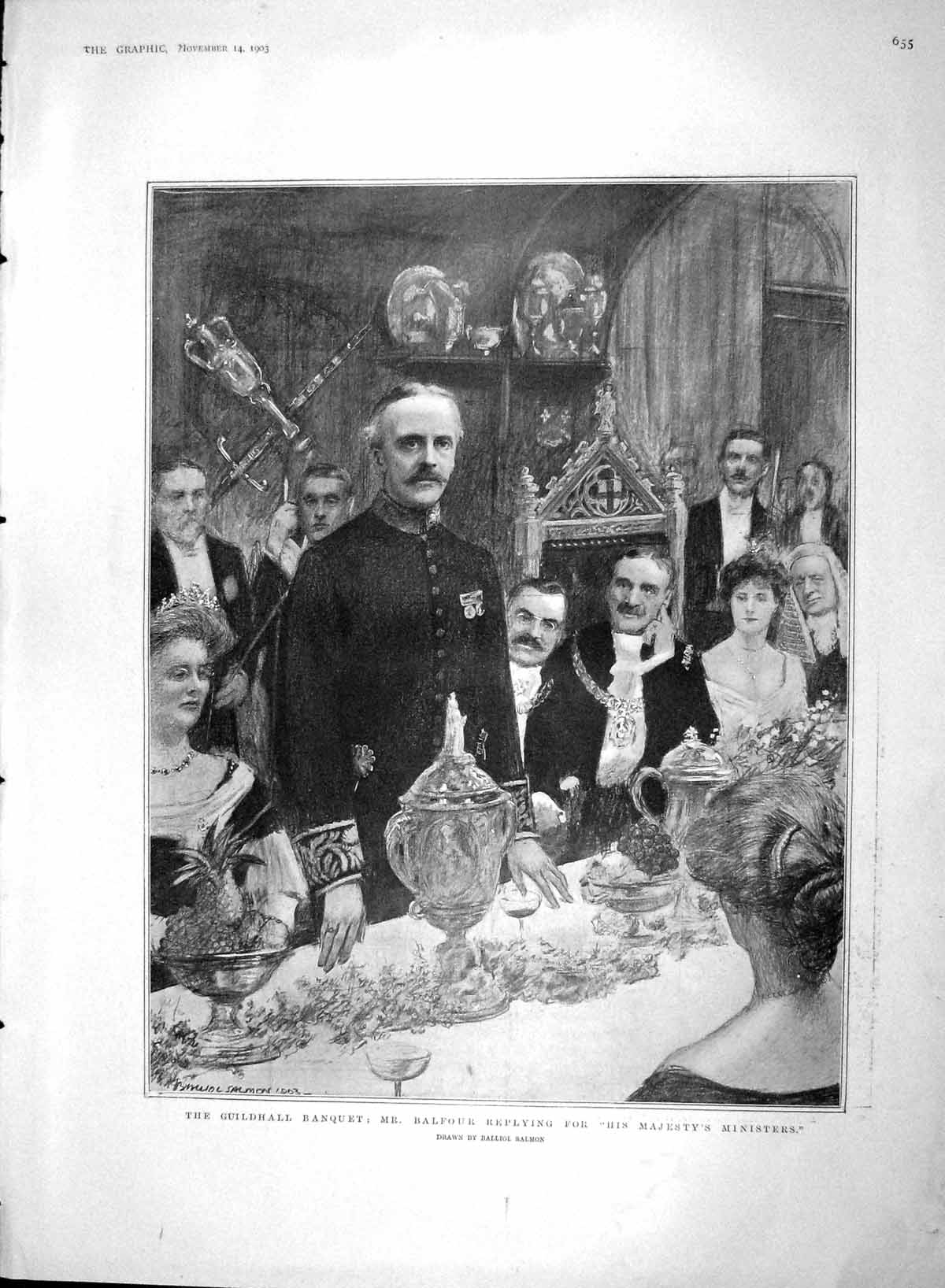 Old Antique Print 1903 Guildhall Banquet Balfour Switzerland Val Bagnes 20th