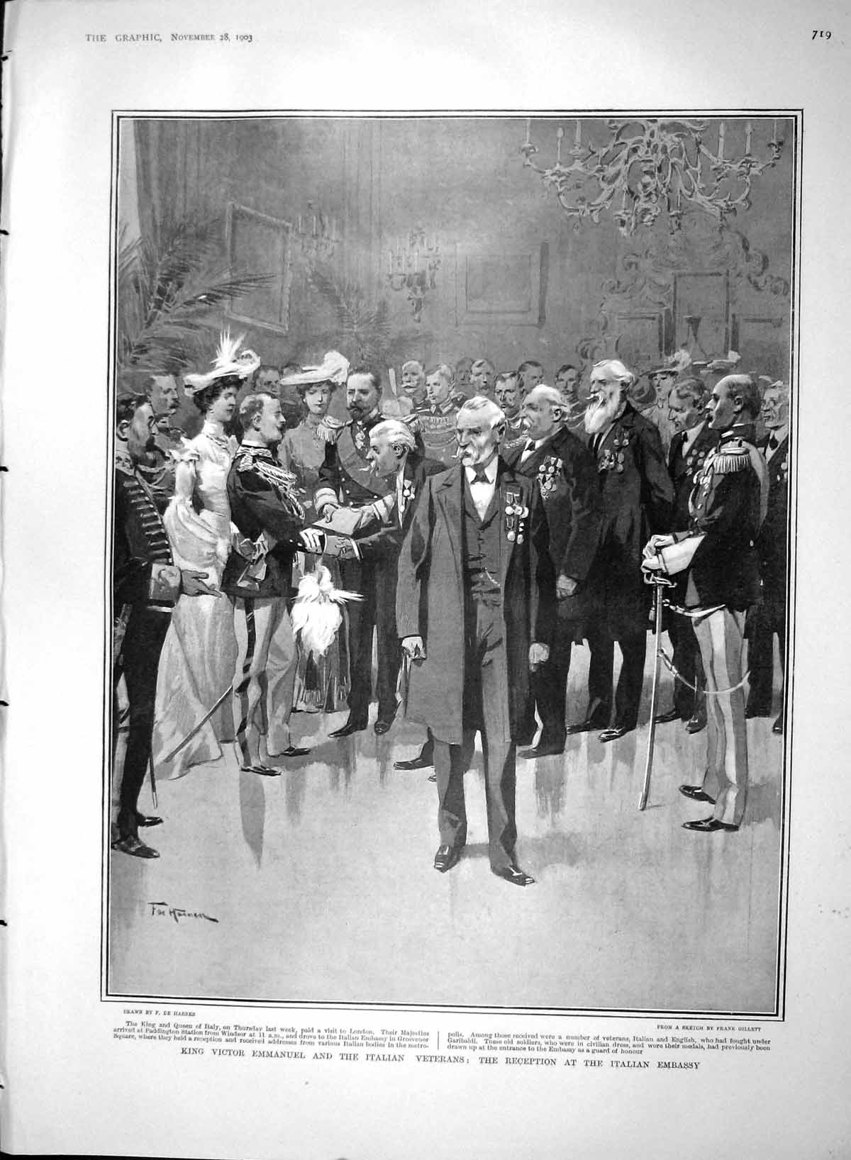 Original Old Antique Print 1903 King Victor Emmanuel Italian Veterans Embassy