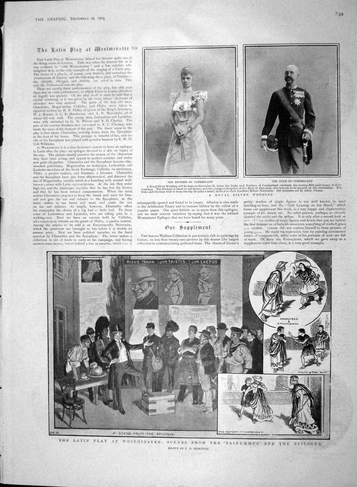 Old Antique Print 1903 Latin Westminster Trinummus Duke Cumberland Morley 20th