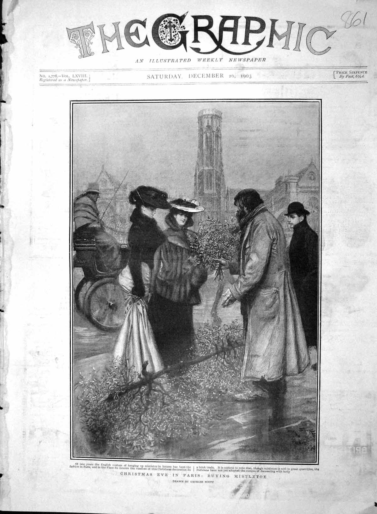 Original Old Antique Print 1903 Christmas Eve Paris France Buying Mistletoe