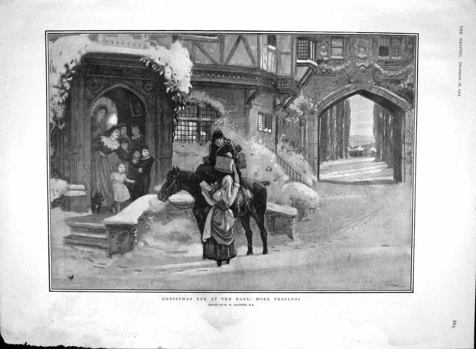 Old Antique Print 1903 Christmas Eve Family Hall Church Lombard Science 20th