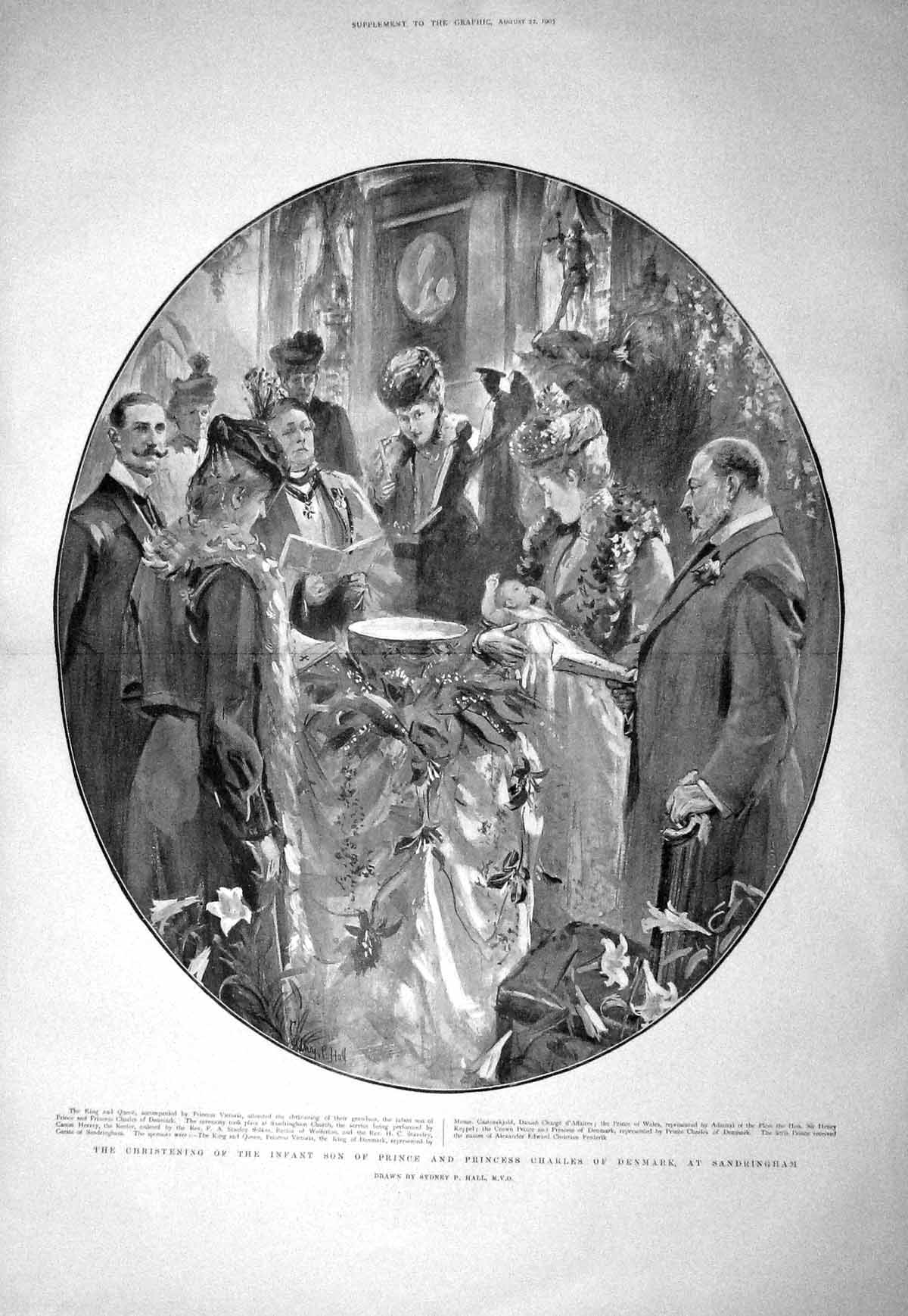 Old Antique Print 1903 Christening Infant Son Prince Denmark Sandringham 20th