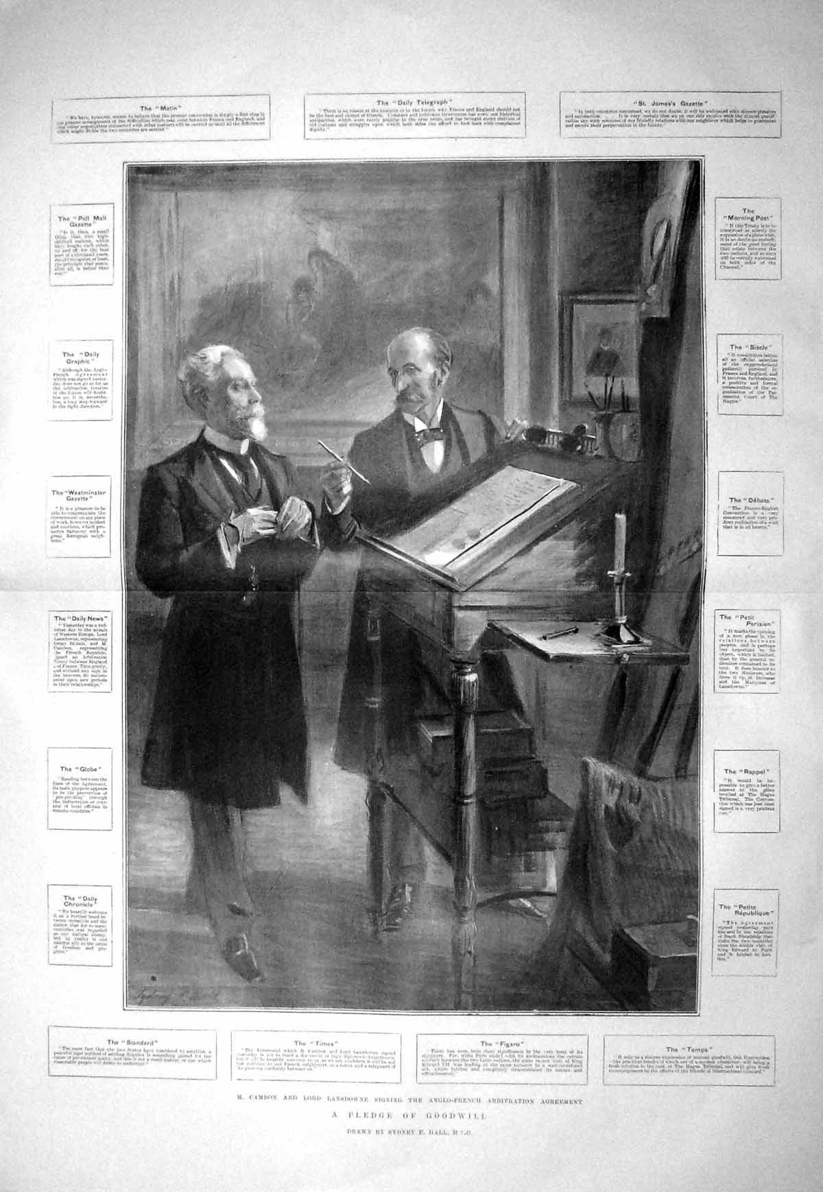Original Old Antique Print 1903 Cambon Lord Lansdowne Anglo-French Arbitration