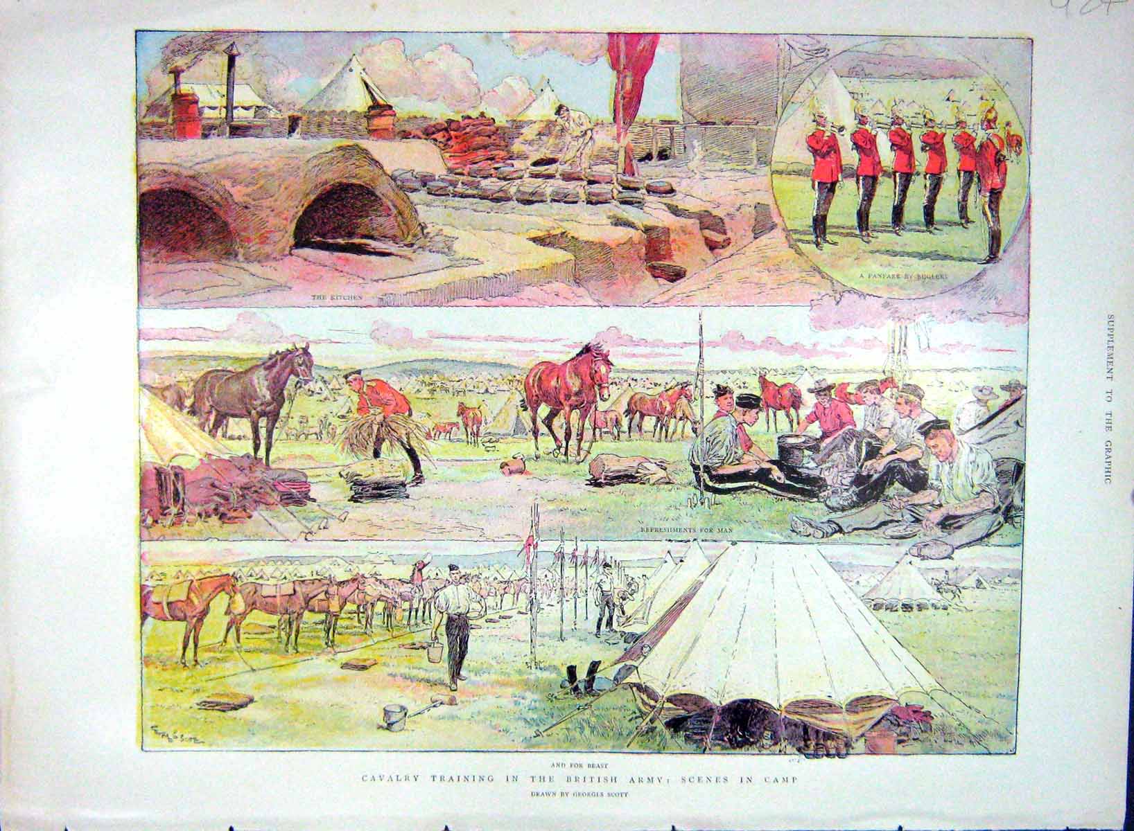 Old Antique Print 1903 Cavalry Training British Tower London Beefeaters 20th