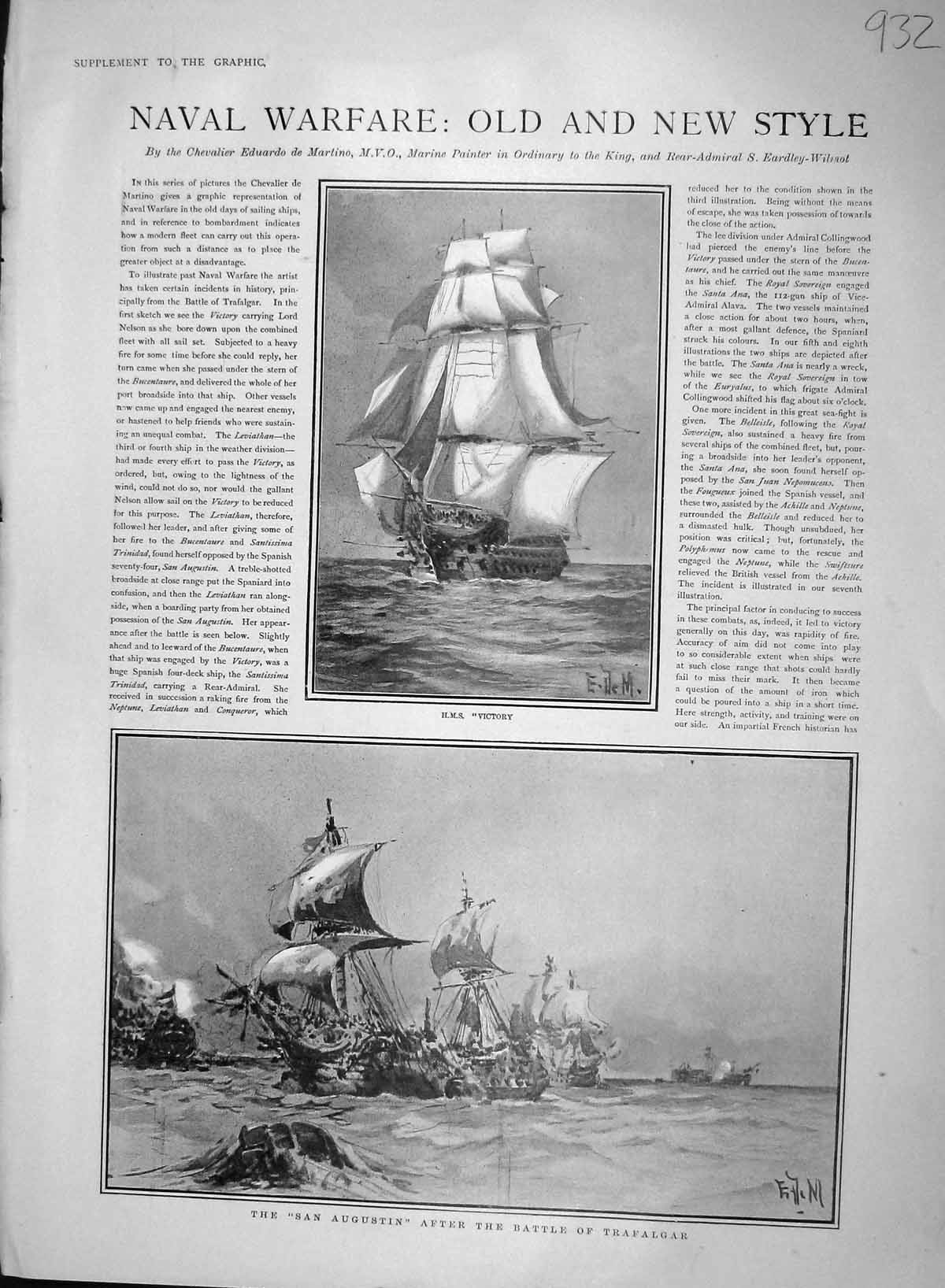 Old Antique Print 1903 War Ships Victory Augustin Trafalgar Shannon Ana 20th