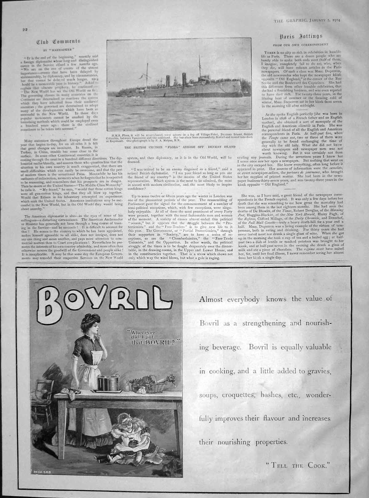 Original Old Antique Print 1904 British Cruiser War Ship H.M.S. Flora Denman