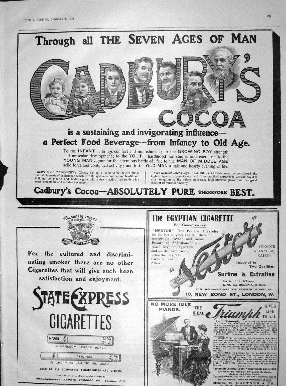 Old Antique Print 1904 Cadbury'S Cocoa Express Cigarettes Triumph Pianos 20th