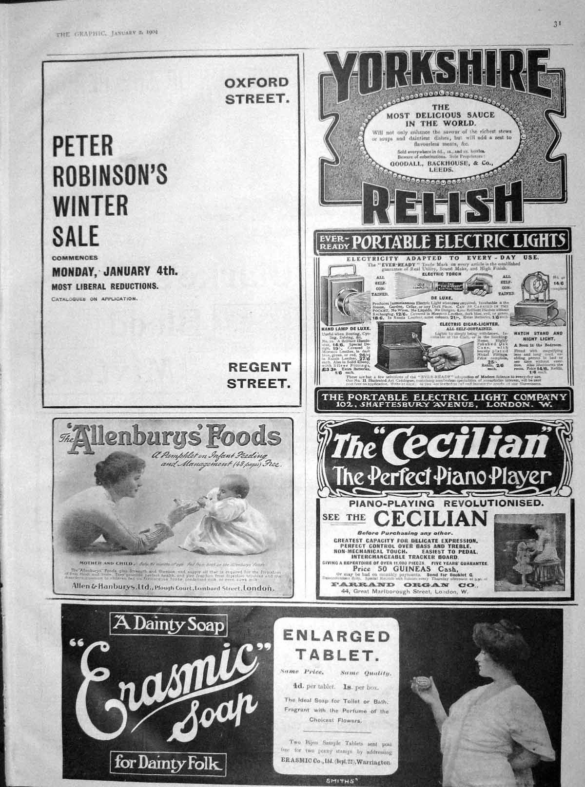 Original Old Antique Print 1904 Yorkshire Relish Erasmic Soap Allenburys Foods