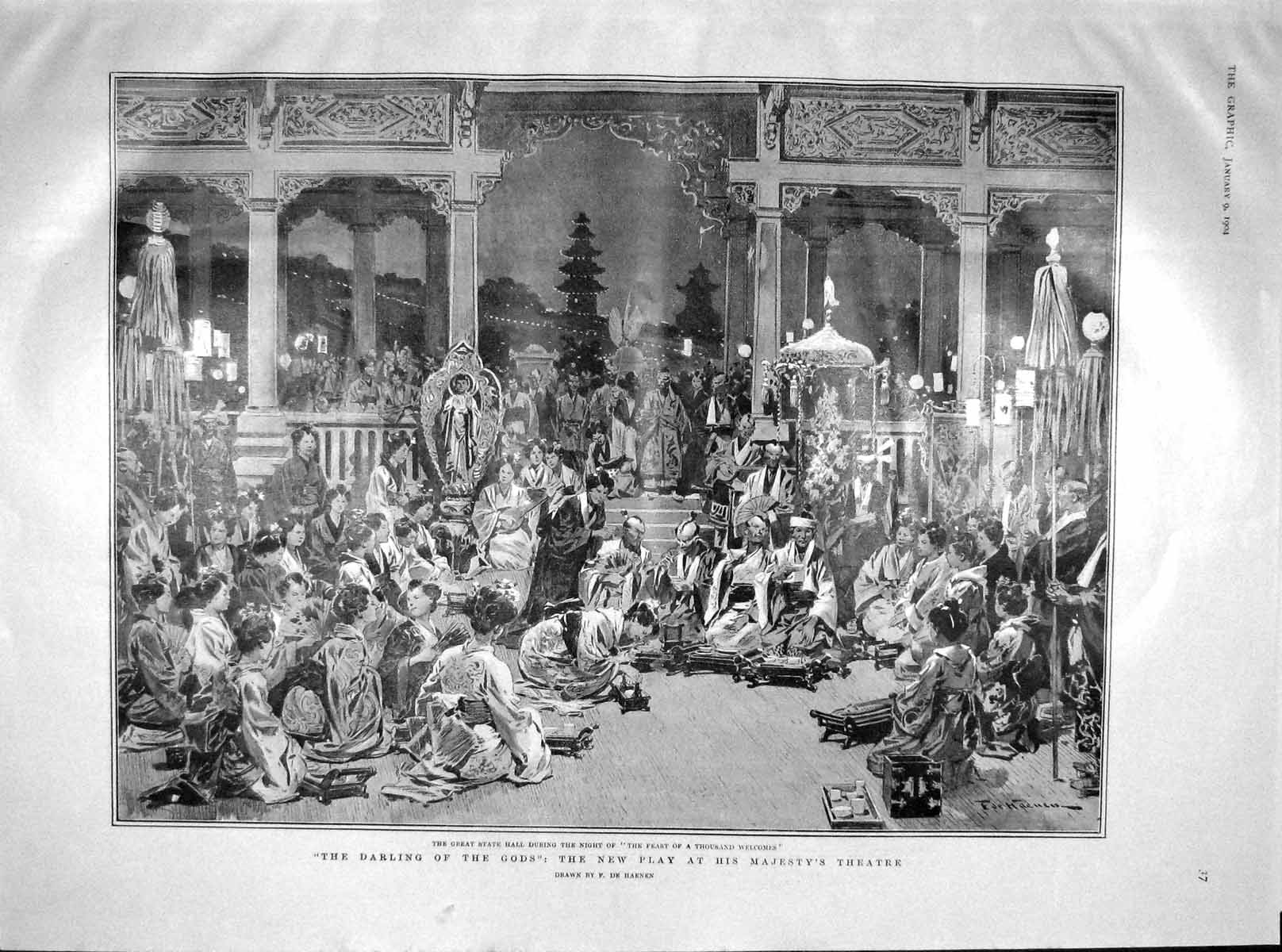 Original Old Antique Print 1904 Majesty Theatre Darling Gods Malta Prince Wales