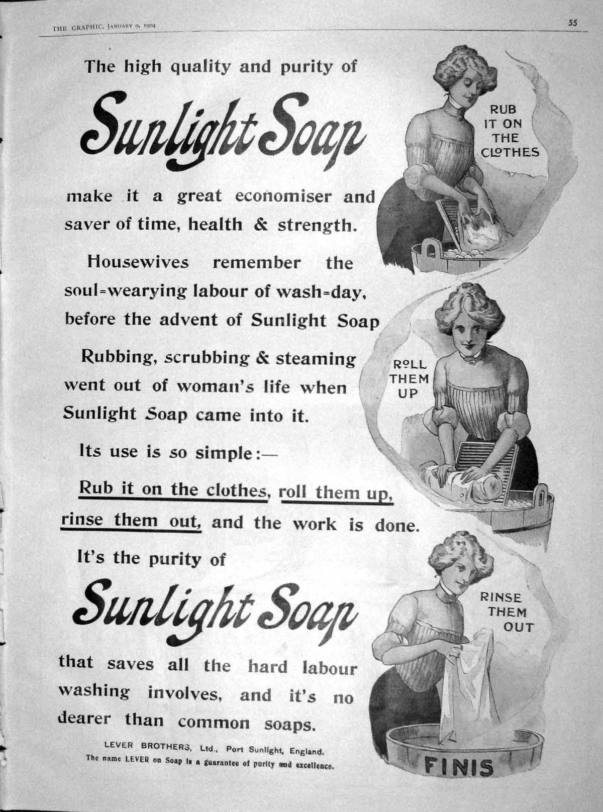 Old Antique Print 1904 Advertisement Sunlight Soap Lever Brothers England 20th