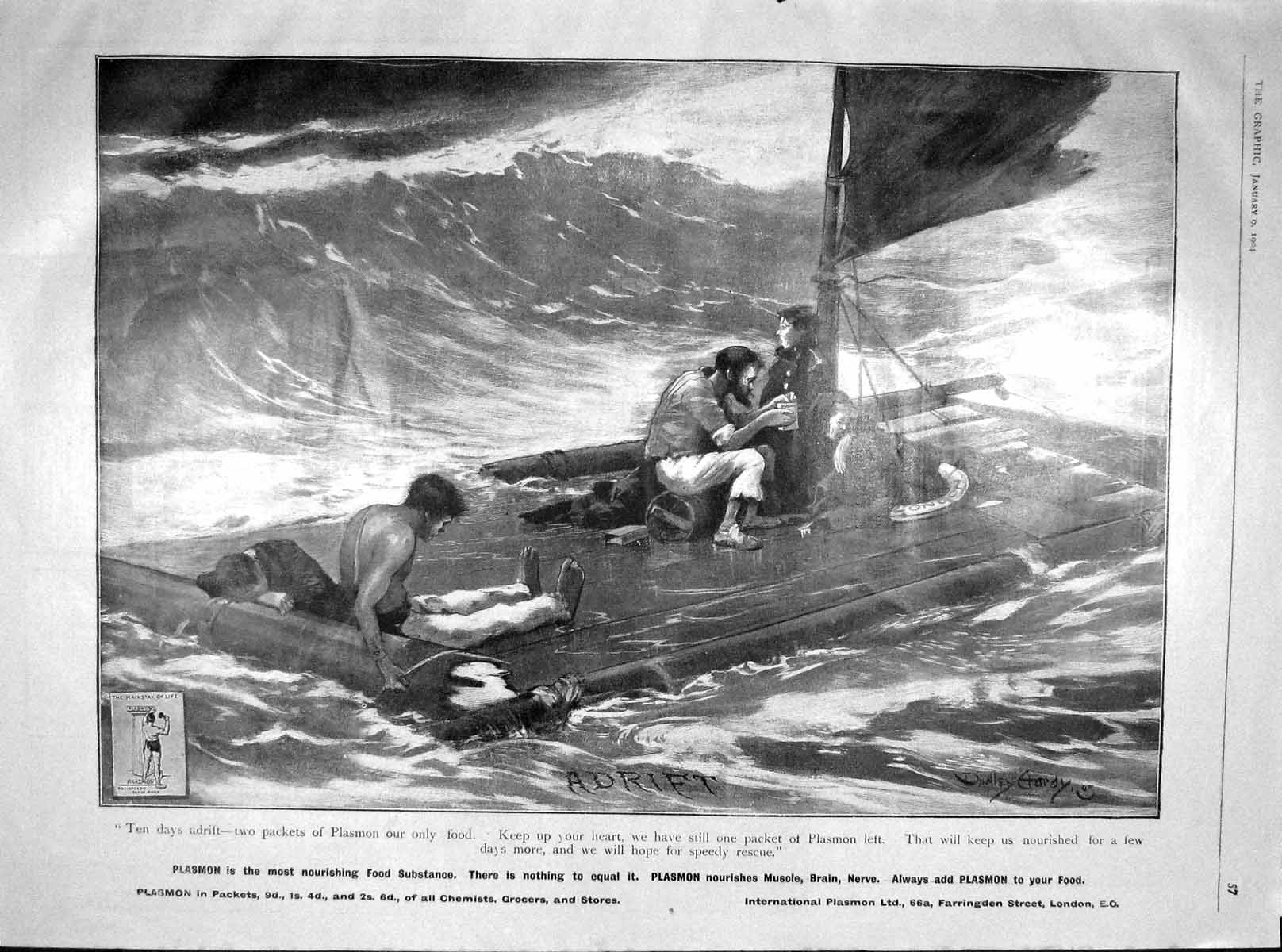 Original Old Antique Print 1904 Advertisement Plasmon Food Life-Raft Sea Scene