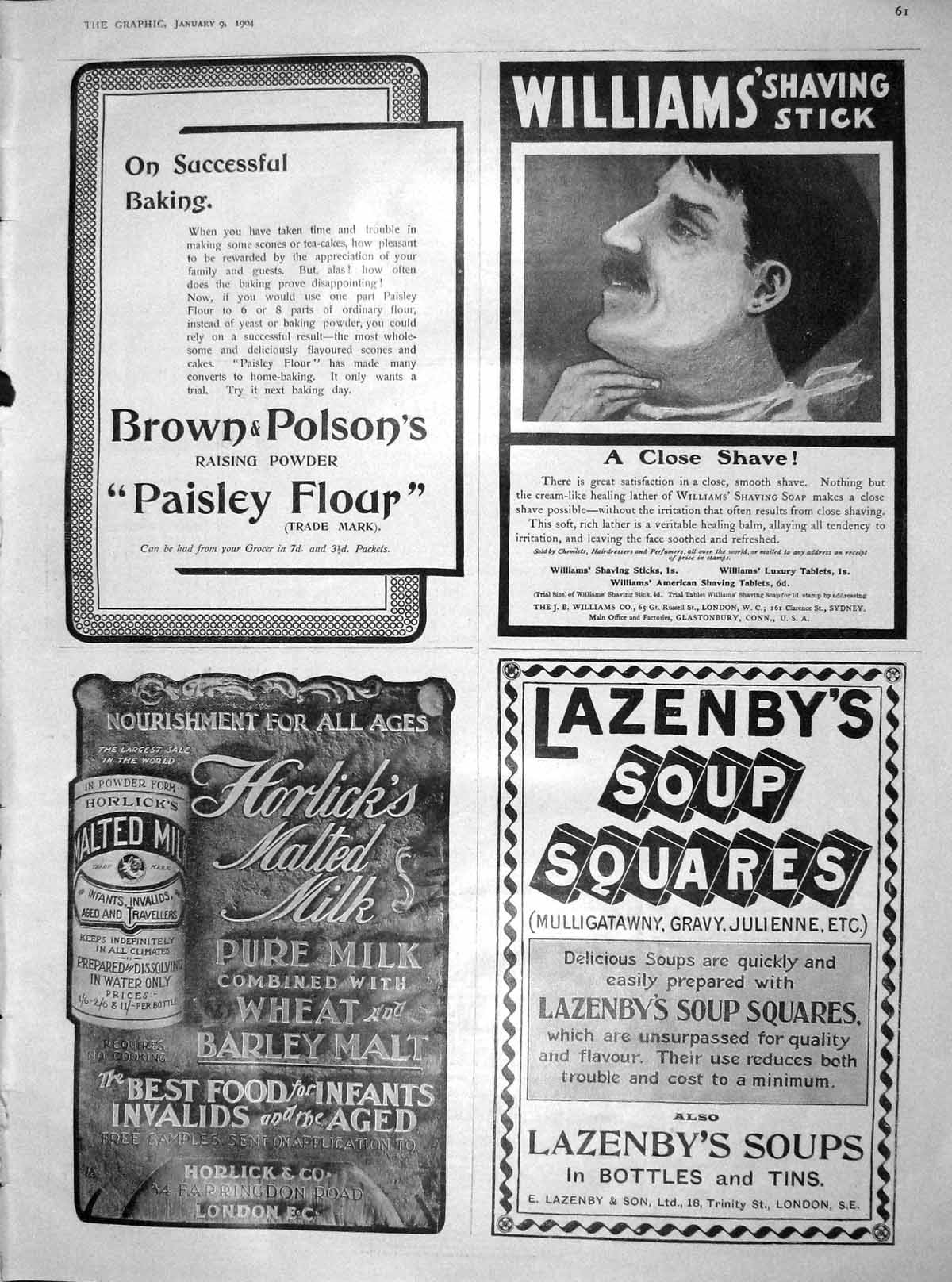 Old Antique Print 1904 Brown Polson Flour Williams Lazenby Soup Horlicks 20th