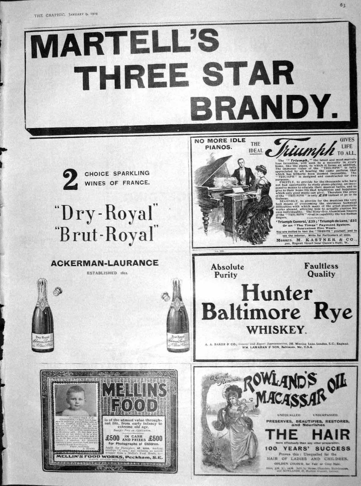 Old Antique Print 1904 Martell Brandy Hunter Whisky Mellins Food Rowlands 20th