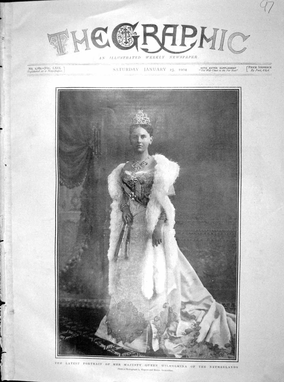 Original Old Antique Print 1904 Portrait Majesty Queen Wilhelmina Netherlands