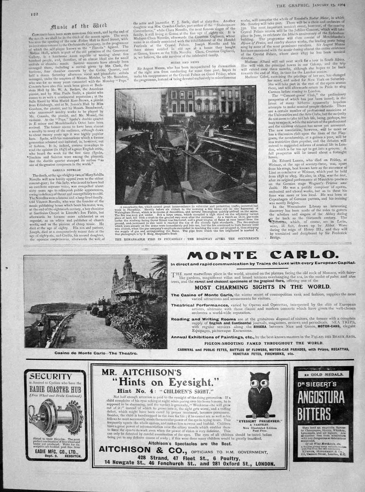 Original Old Antique Print 1904 Fire Piccadilly Monte Carlo Casino Aitchison