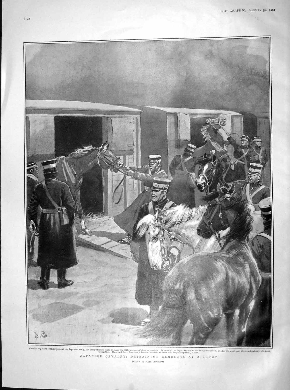 Old Antique Print 1904 Japanese Calvalry Detraining Remounts Horses War 20th