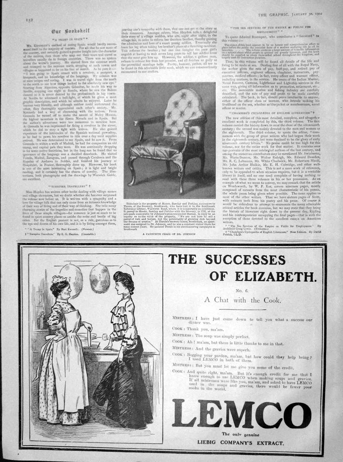 Old Antique Print 1904 Favourite Chair Dr. Johnson Lemco Liebig Extract 20th