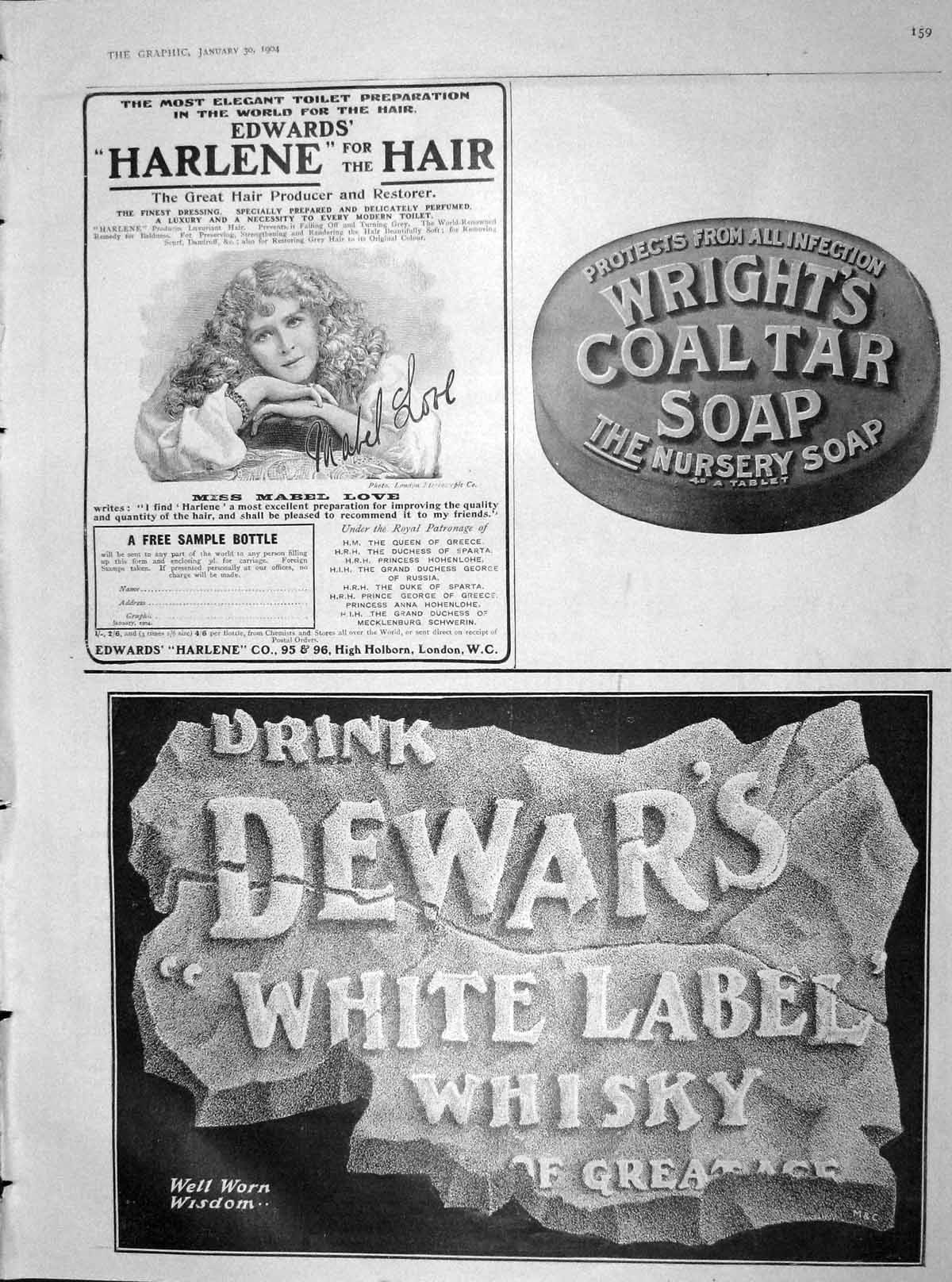 Original Old Antique Print 1904 Dewars White Label Whisky Wrights Coal Tar Soap