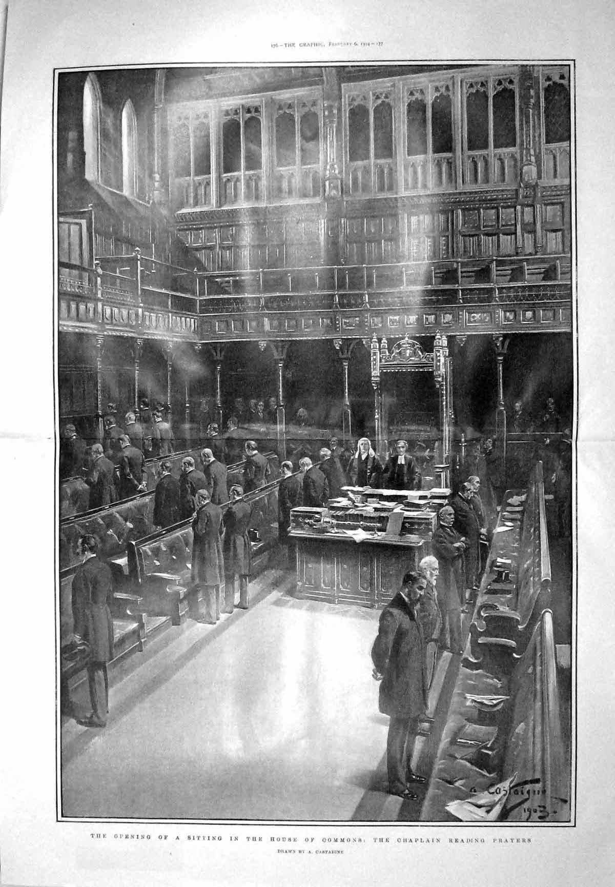 Old Antique Print 1904 Opening House Commons Chaplain Prayers Parliament 20th
