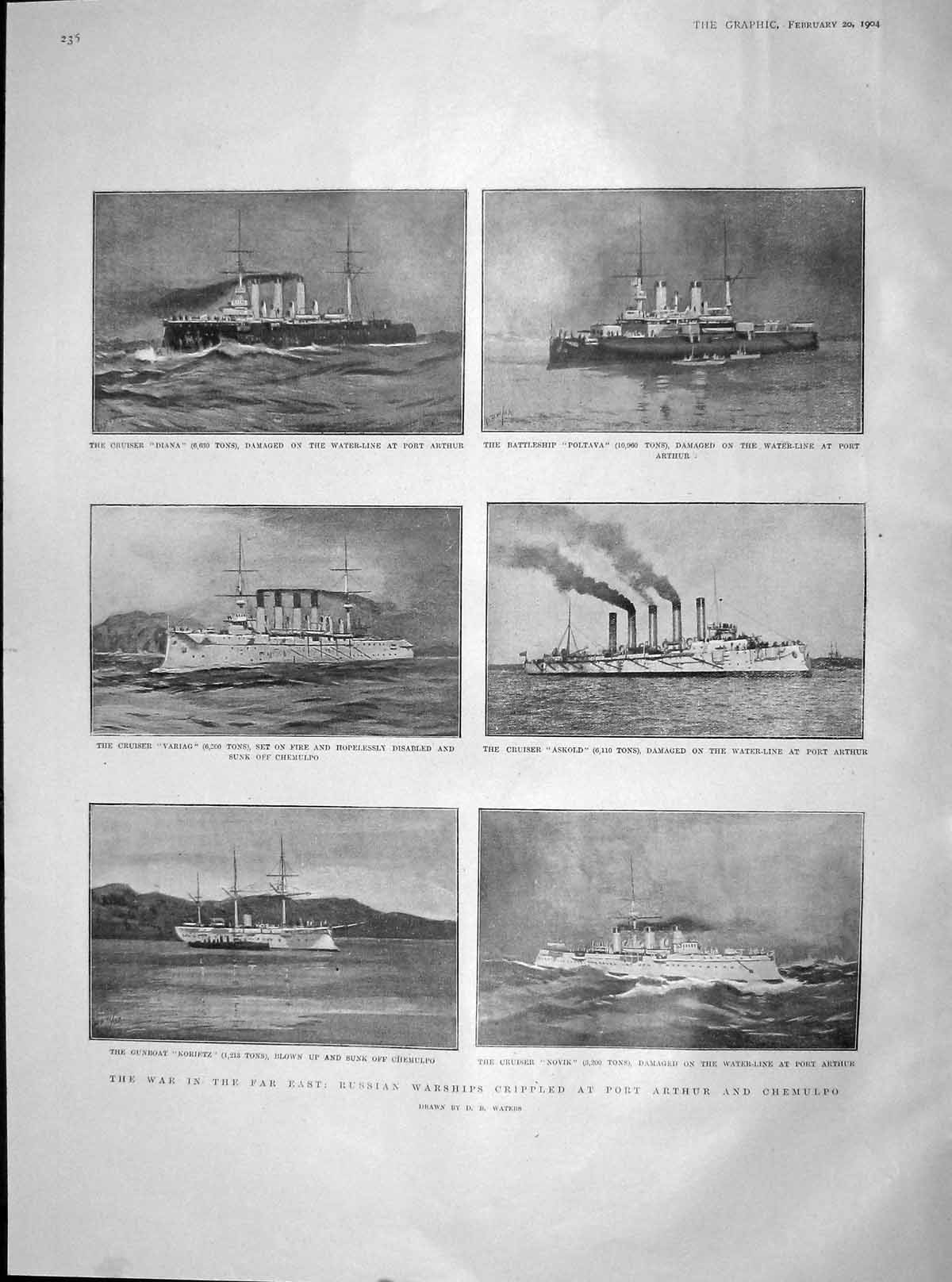 Old Antique Print 1904 Russia War Ships Port Arthur Novil Diana Alexeiff 20th