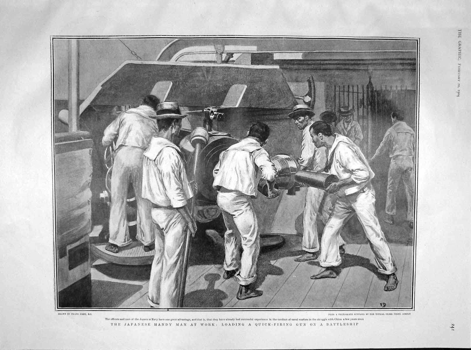 Original Old Antique Print 1904 Japanese Handy Man Loading Gun Battleship War