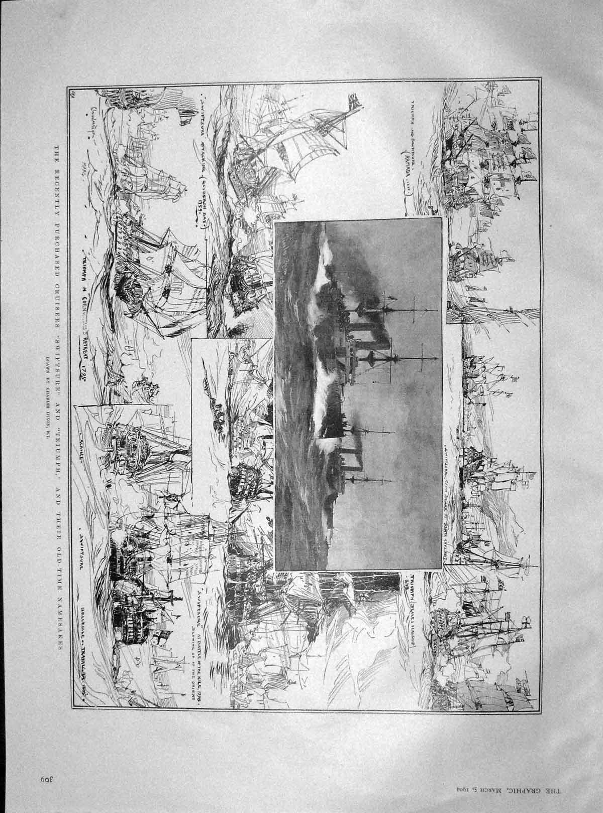 Old Antique Print 1904 Swiftsure Triumph War Ships Walter Harris Palmer 20th