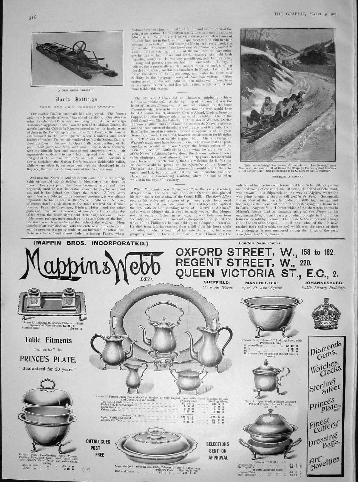 Original Old Antique Print 1904 Swiss Bobsleigh Sport Montreux Decaux Buttner