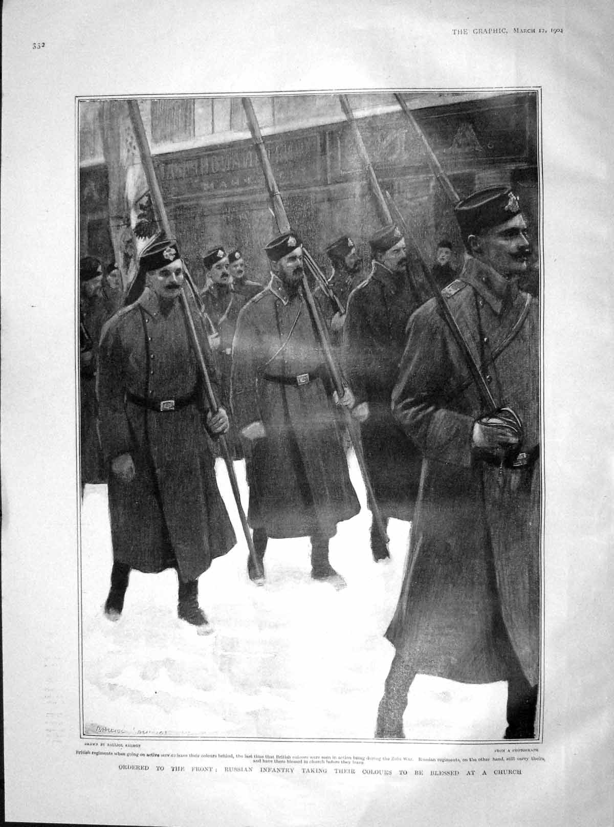 Original Old Antique Print 1904 Russian War Siers Marching Colours Church 20th
