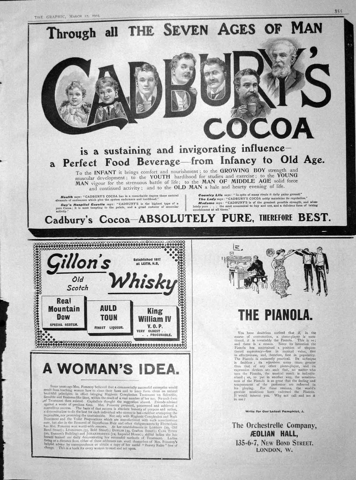 Original Old Antique Print 1904 Gillon'S Whisky Cadburys Cocoa Pianola Music