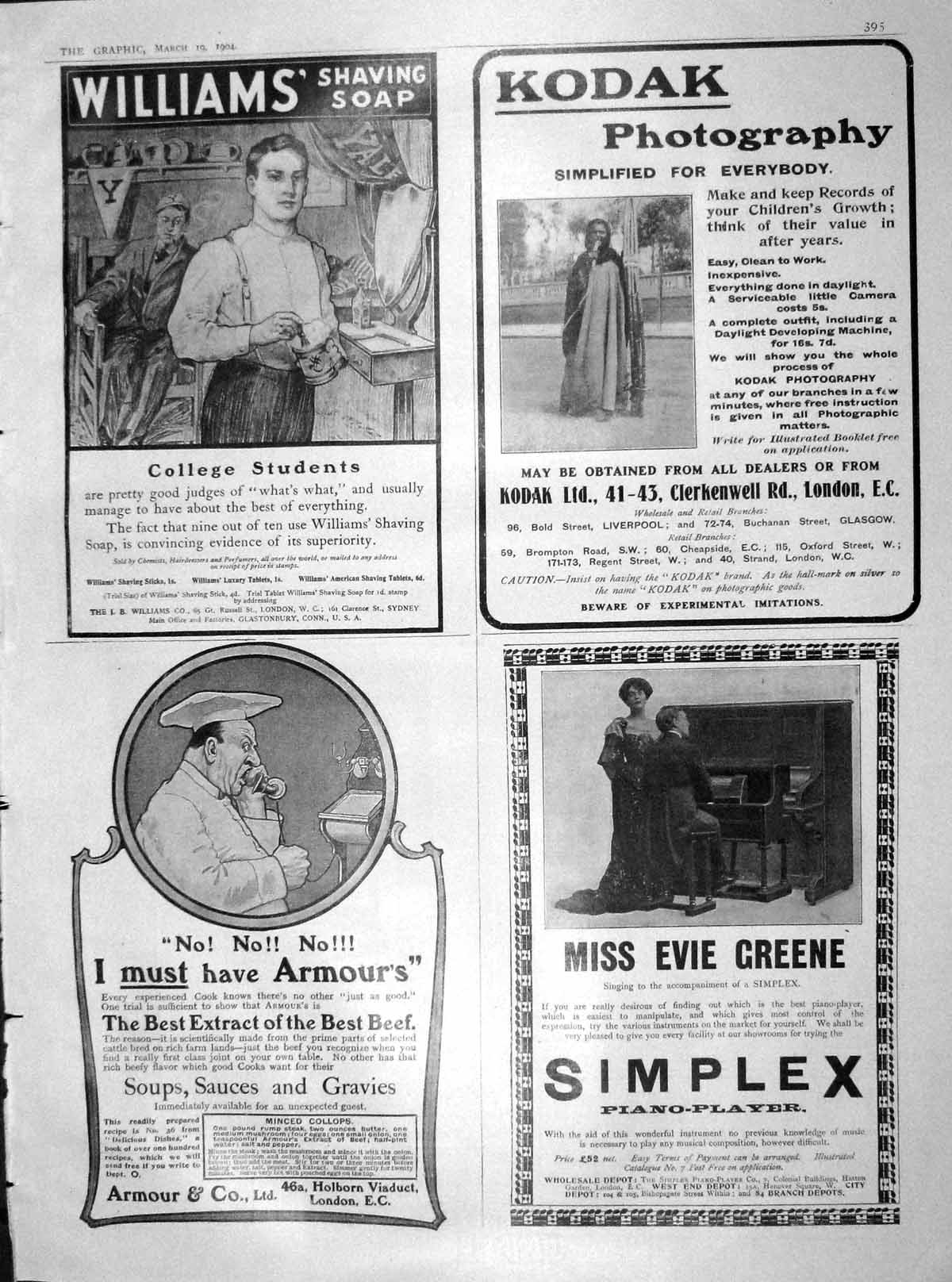 Old Antique Print 1904 Williams Shaving Soap Kodak Simplex Armour Gravies 20th