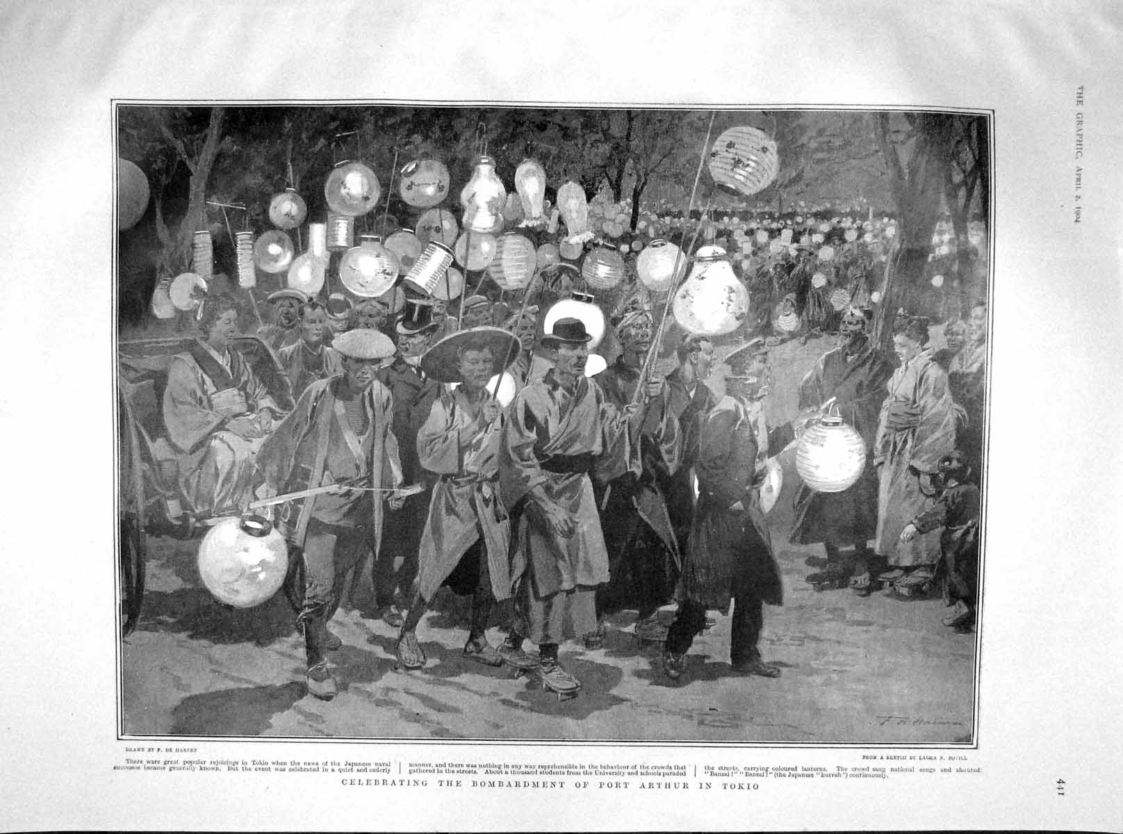 Original Old Antique Print 1904 Bombardment Port Arthur Celebration Japan War