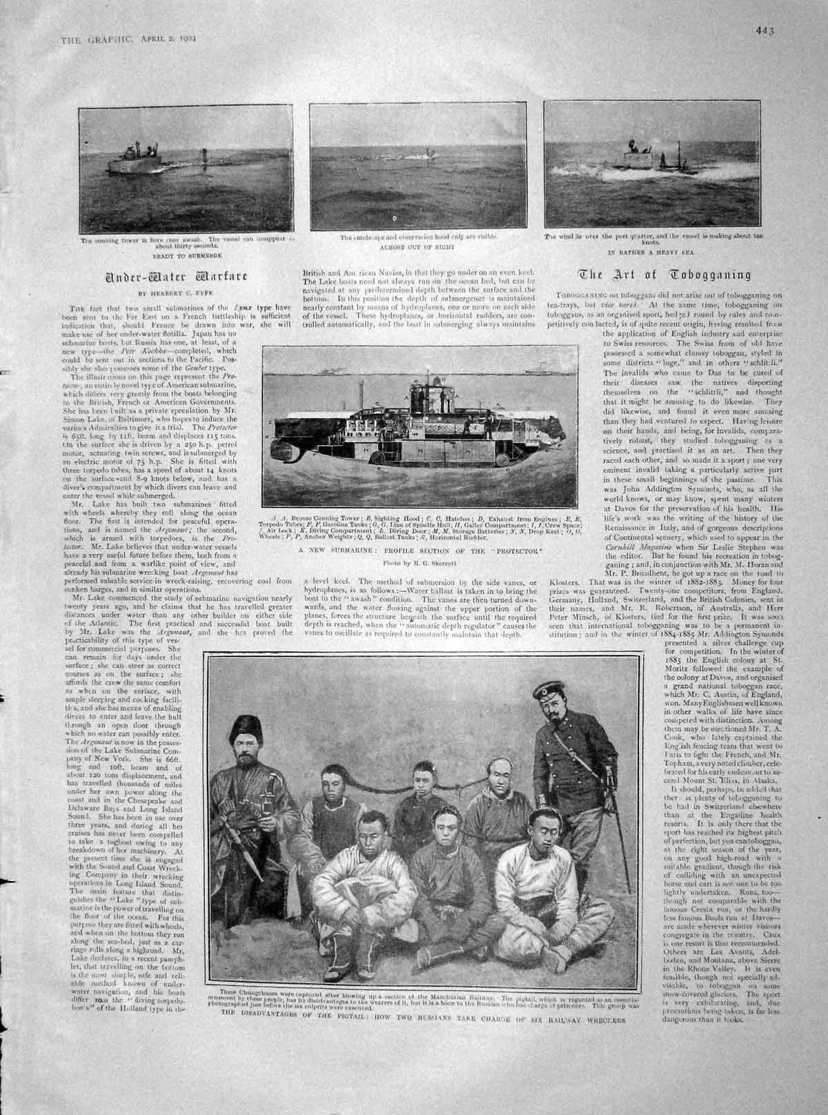 Old Antique Print 1904 Chungchuses Pigtails Railway Submarine Russian War 20th