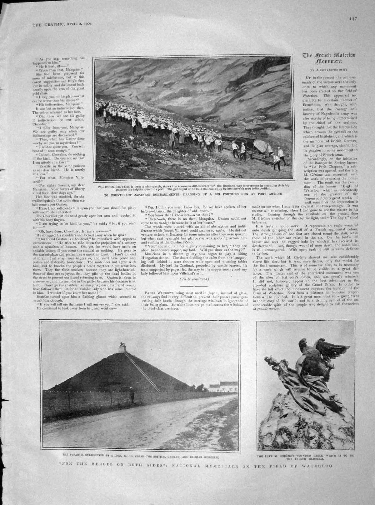 Original Old Antique Print 1904 War Memorials Waterloo Port Arthur Japan Ships