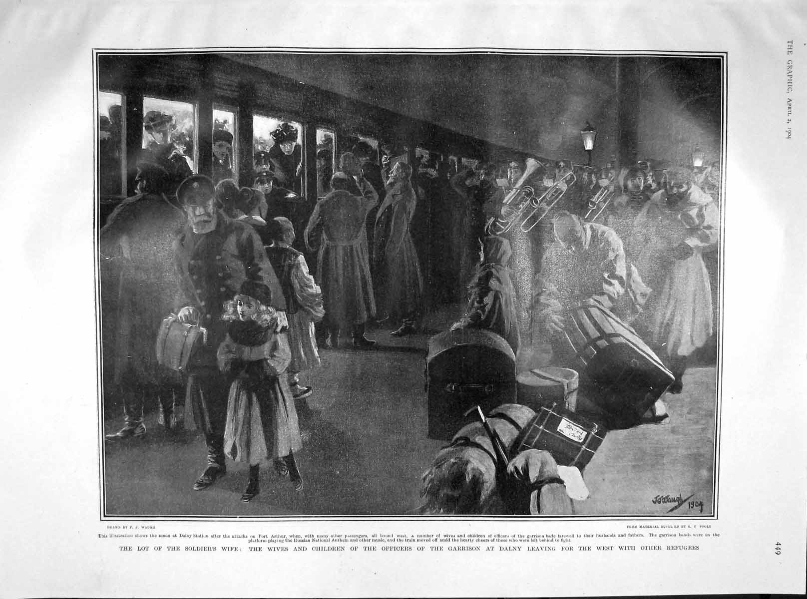 Original Old Antique Print 1904 Wives Children Garrison Dalny Refugees Mortlake