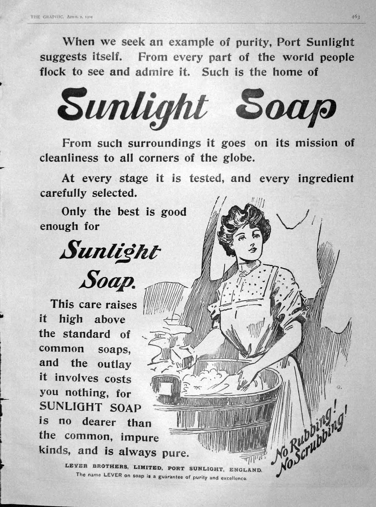 Old Antique Print 1904 Advertisement Sunlight Soap Lever Brothers Ref.4 20th