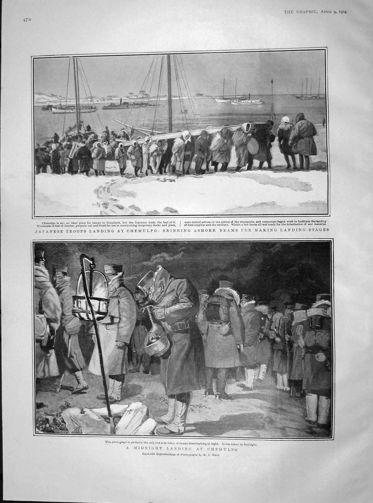 Original Old Antique Print 1904 Japanese Troops Chemulpo War Ships Siers 20th