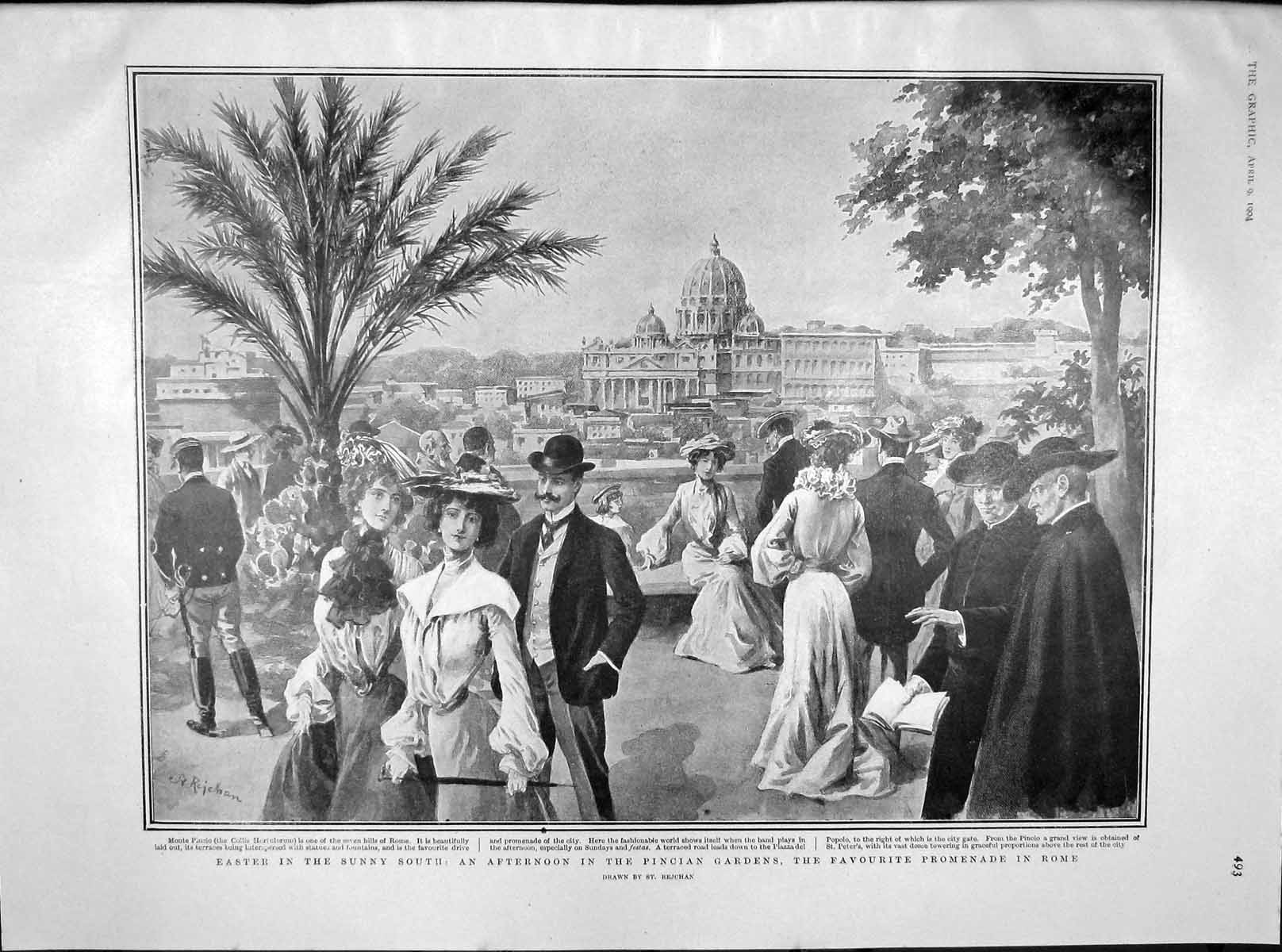 Old Antique Print 1904 Pincian Gardens Rome Emperor Japan Boyle Whitworth 20th