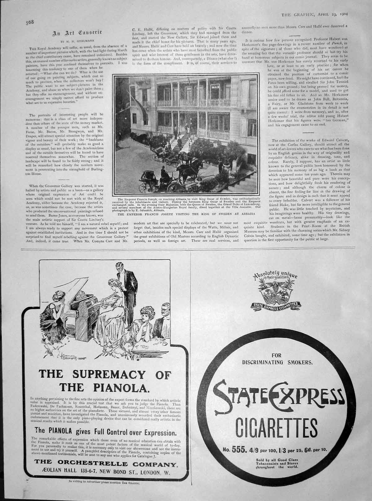 Old Antique Print 1904 Emperor Francis Joseph King Sweden Abbazia Pianola 20th